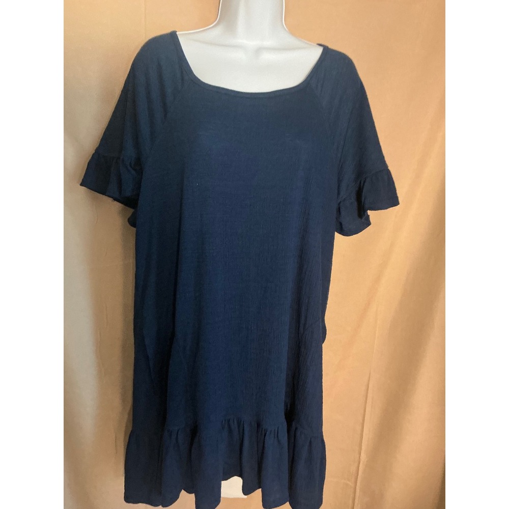 Max Studio London Shift Dress Womens Large Navy Blue Excellent Ruffle Hem Pocket